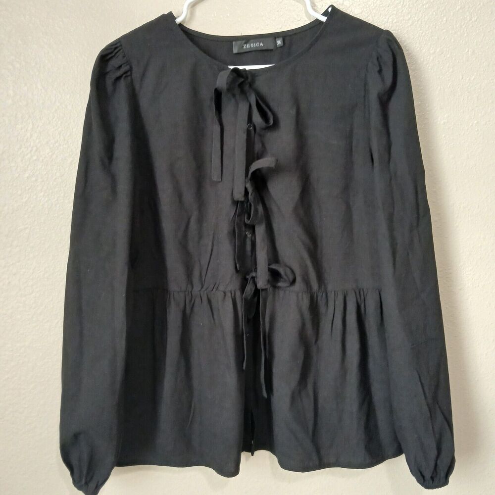 Women's Tie Front T-Shirts Casual Solid Peplum Babydoll Top Round Neck Size M